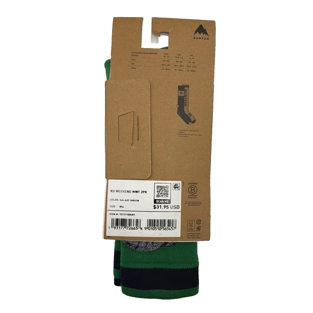 2 Pack Burton Weekend Midweight Kids Medium/Large (2-4) Galaxy Green‎ Socks NEW